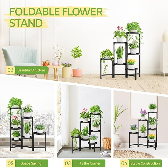 iDavosic.ly Plant Stand Indoor Outdoor, 6 Tier Corner Metal Flower Display Holder Shelf, Folding Tall Orchid Rack for Patio Balcony Porch Garden Living Room House, Black
