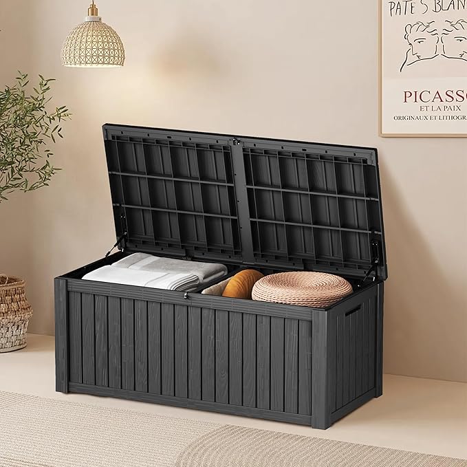 200 Gallon Waterproof Large Resin Deck Box Indoor/Outdoor Lockable Storage Container and Seating for Garden, Pool, and Patio (200 Gallon, Black)