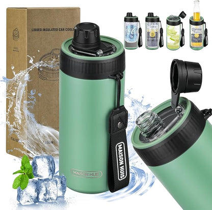 4 In 1 Beer Can Cooler Bottle Holder with Drinking Spout Lid for 12oz Regular, Slim Skinny Cans and Thermal Bottles,Sealed Insulated Double Wall Vacuum Stainless Steel Can Keeps Your Drinks Cold