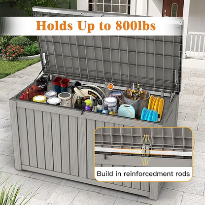 180 Gallon Outdoor Storage Box, Waterproof Deck Box with Handles and Lockable Lid, Resin Patio Storage Box with Hydraulic Rods for Garden Tools, Cushions, Grey