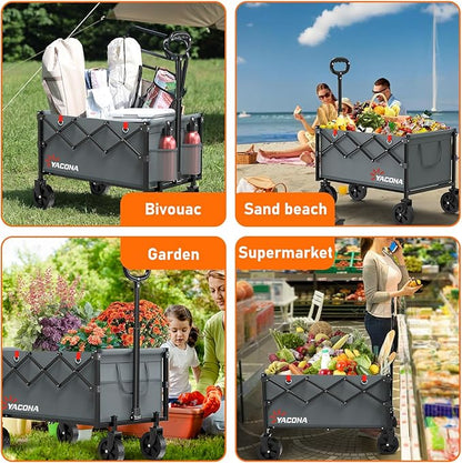 Wagons Carts Foldable, Lightweight Portable Utility Shopping Cart with Wheels, Folding Grocery Wagon Cart for Grocery, Camping, Shopping, Beach, Garden, Sports Grey