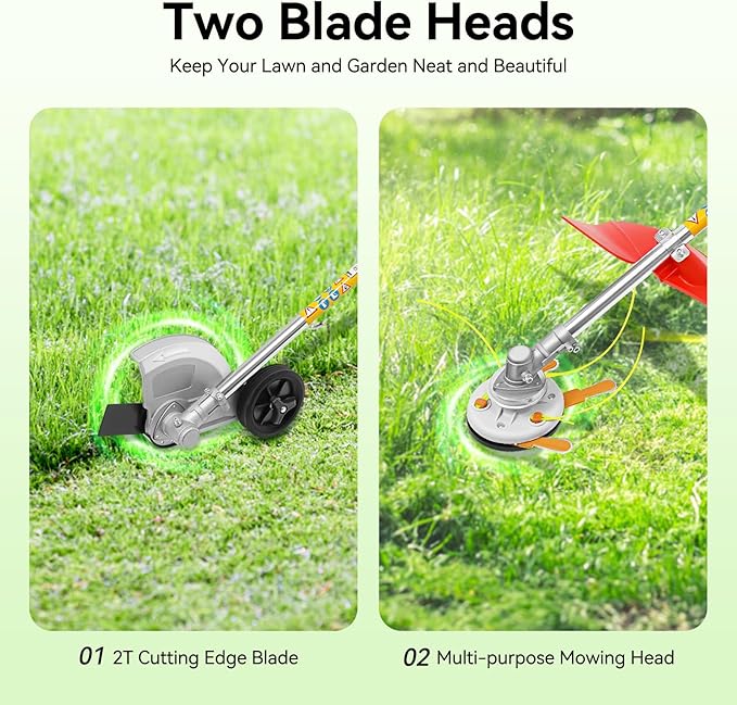 Gas Powered String Trimmer, 4 Stroke Air-Cooled Cordless Lawn Edger Gasoline Weed Eater with 2 Blade Heads for Garden Lawn Grass Hedge Trimmer (35.9CC, 0.75KW)