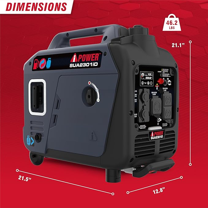 A-iPower 2300-Watt Portable Inverter Generator Dual Fuel, RV Ready, CARB Compliant CO Sensor, Light Weight With Telescopic Handle For Backup Home Use, Tailgating & Camping (SUA2301iD)