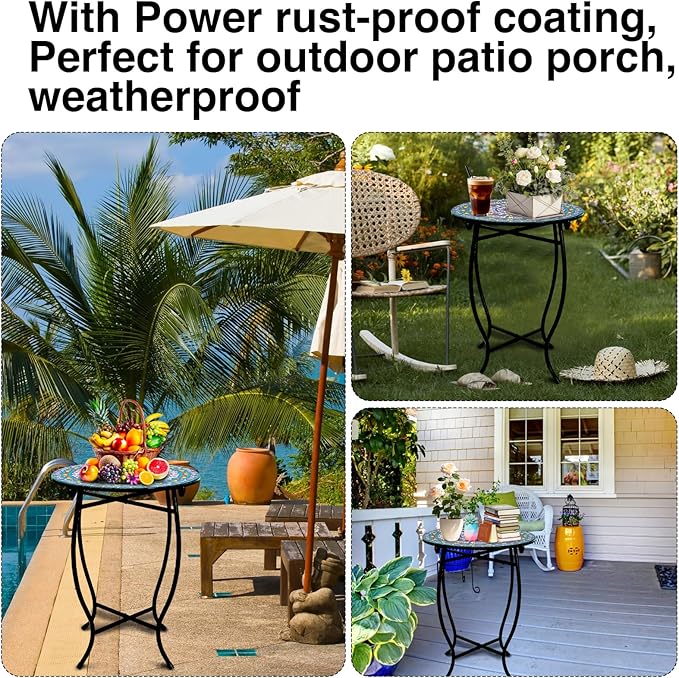 Outdoor Metal Side Tables, 14" Round Patio Side Table, Weather Resistant Metal End Table Side Table for Patio Yard Porch Balcony Garden Bedside, Plant Stand for Indoor, Easy Assemble