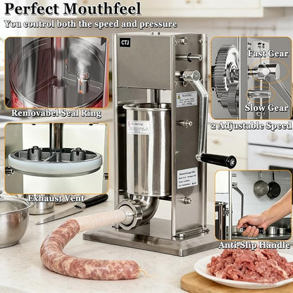 CTJ Sausage Stuffers Stainless Steel Sausage & Churro Maker 3L/7Lb | Manual 2 in 1 Sausage Stuffer & Churro Maker, 2-Speed Adjustable Vertical Sausage Maker, 4 Stuffing Tubes & Churros Nozzle