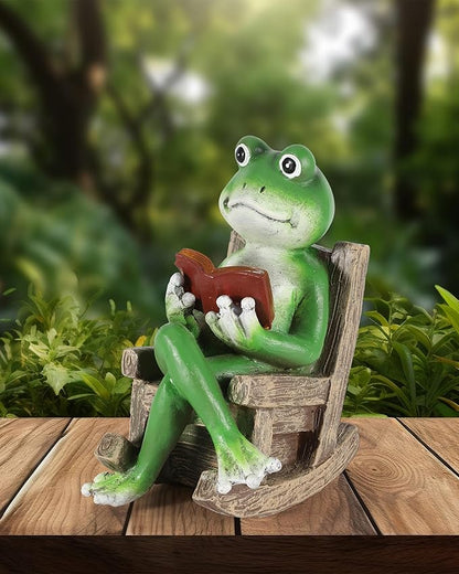 iStatue Miniature Solar Frog Reading Book Figurine Light - 5.5'' Resin Chair Statue Outdoor Table Decor for Lawn Ornaments, Patio, Yard & Garden and Home