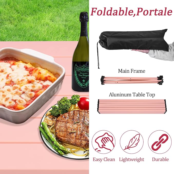 Grope Portable Beach Table for Sand, Folding Camping Table (Pink-S) | Aluminum Table With Carry Bag for Camping，Portable & Easy to Carry，Prefect for Outdoor, Picnic, BBQ, Cooking, Beach