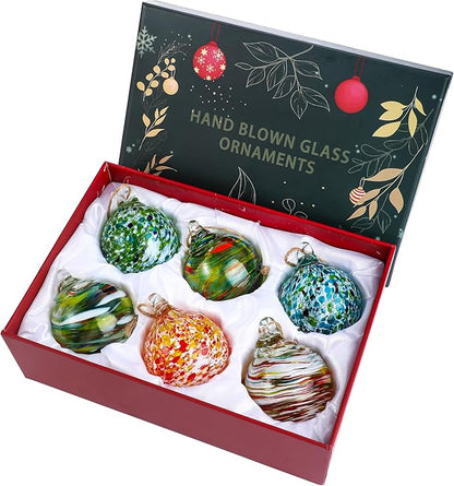 6 Pcs Blown Glass Ornaments Balls, 2.3inch Hand Blown Glass Christmas Ornaments for Tree, Hanging Gazing Ball Friendship Ball Witch Balls for Window Garden Home Decor for Women