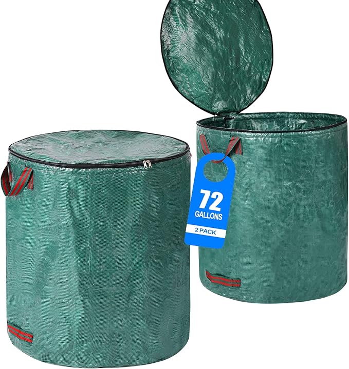 2 Pack 72 Gallons Reusable Garden Waste Bags with Lid Lawn and Leaf Bags Heavy duty Reinforced 4 Handles Yard Waste Bags Container for Clean Up Outdoor Debris Leaves Grass Clippings