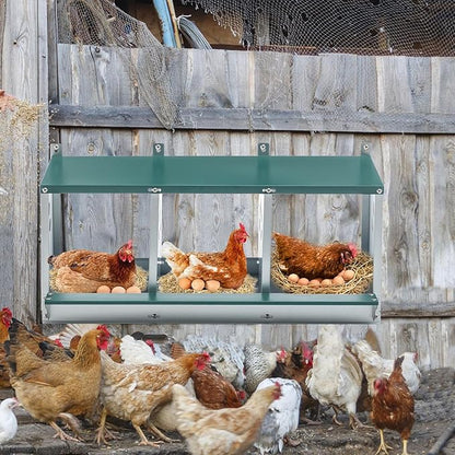 Chicken Nesting Box for Laying Eggs - 3 Room Chicken Laying Boxes, Nesting Boxes for Chickens, Heavy Duty Metal Chicken Coop, 32.9" L x 16.34" W x 15.35" H