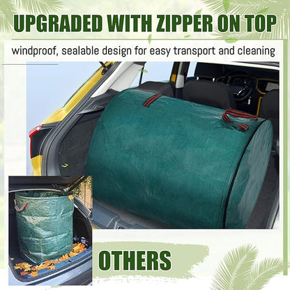 10 Pcs 106 Gallons Yard Waste Bags with Lid and 4 Pairs Gardening Coated Gloves Leaf Bags (h30" x D26") 4 Handles Large Waste Container for Lawn Yard Weed Leaf