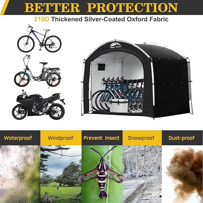 Happy Travel Bike Storage Shed Tent,Outdoor Portable Bicycle Storage Sheds with 210D Oxford Fabric PU4000 Waterproof for 2/3/4/6/8 Bikes,Bike Covers Shelter for Motorcycle,Garden Tools,Toys,Lawn Mower