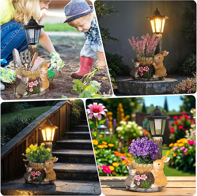Solar Bunny Garden Stalue Outdoor, Rabbits Figurine Flowerpot Decolwith Solar Lantem for Yard Art Lawn Ornaments Porch Patio Balcony - Gardening Gifts for Women Mom