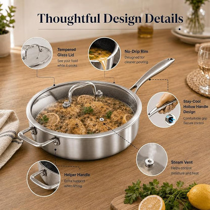 DELARLO Tri-Ply Stainless Steel 12 Inch Deep Frying Pan with lid,7QT Saute Pan Nonstick,Compatible with All Cooktops,Oven Up to 660℉,Chicken Fryer,Dishwasher-Friendly