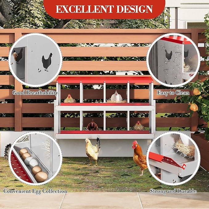 Chicken Nest Box, 8-Compartment Egg-Laying Box, Metal Hen House, Convenient for Collecting Eggs - Ventilated Poultry House Equipment - Suitable for Hens, Ducks Red, Without Stand