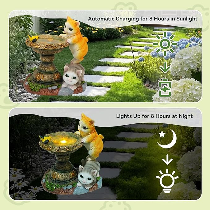 Solar Two Kittens Garden Statues with LED Lights, Outdoor Decor for Patio Yard Balcony - Unique Housewarming Birthday Gifts for Women Mom Grandma