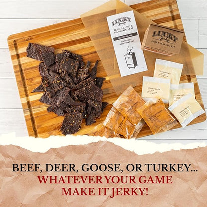 Lucky Jerky DIY Beef Jerky Seasoning and Cure Kit, 6 Flavors, 72 Oz | Make Your Own with Sweet and Spicy, Peppered, Red Pepper, Teriyaki, BBQ, and Original, Seasons 120lbs of Meat