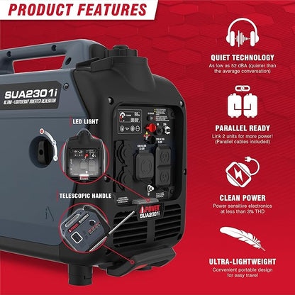 A-iPower Portable Inverter Generator, 2300W RV Ready, EPA & CARB Compliant CO Sensor, Portable Ultra-Light Weight For Backup Home Use, Tailgating & Camping (SUA2301i)