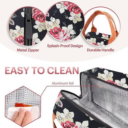 Lunch Bag for Women & Men Adult Insulated Lunch Box, Small Leakproof Cooler Food Lunch Containers Reusable High Capacity Lunch Tote Bags for Work, Travel, Outdoor - Black Rose