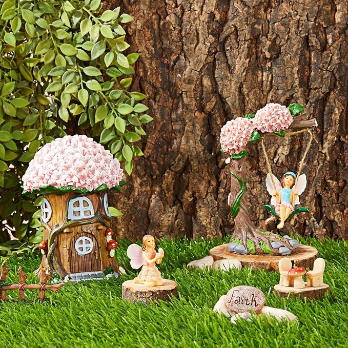 Juvale 8 Piece Miniature Fairy Garden Accessories Outdoor Decor Figurines Kit for Kids, Mini Whimsical Ornaments and Decorations for Patio, House, Garden, Desk, Yard Supplies