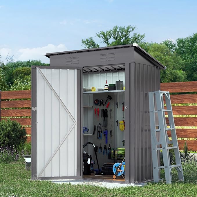 5x3x6FT Outdoor Storage Shed, Galvanized Steel Garden Shed with Lockable Door & Window, Waterproof Metal Tool Storage for Garden, Backyard, Patio, Lawn(Pitched Roof)