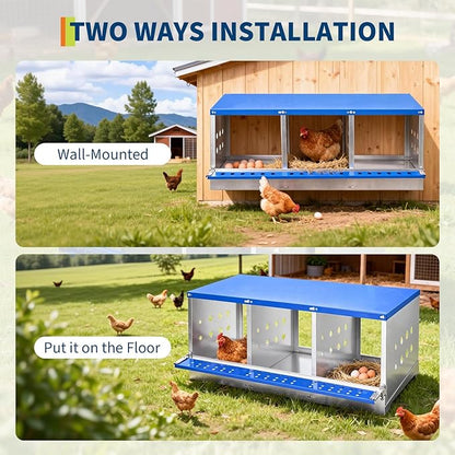 Heavy Duty Metal Chicken Nesting Box – 3 Compartments, Galvanized Steel, Breathable Holes, Resting Platform, Easy Clean, Rollaway, Wall Mounted/Floor, Blue, 96×48×40cm, Without Cover
