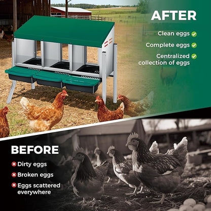 Chicken Nesting Boxes with Rollout Egg Collection – 3-Compartment Metal Hen Nest Box with Removable Trays, Slanted Roof & Ventilation, Wall Mount or Standing for Backyard Poultry Coop, Green