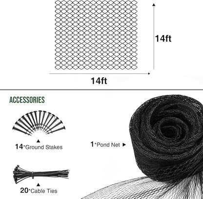 Pond Netting Cover for Leaves, 14 x 14 Koi Pond Net Cover, Durable & Sturdy Pond Netting for Koi Ponds, Protect Koi Fish Against Herons, Raccoons, Cats & Predators, 14pcs Stakes Included
