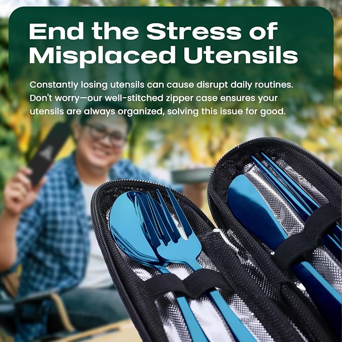 Taplord Portable Travel Silverware Set With Case, Includes 5 Pcs of Travel Utensils With Case, Stainless Steel Flatware Set For Camping, Easy to Travel, Lightweight (Blue)