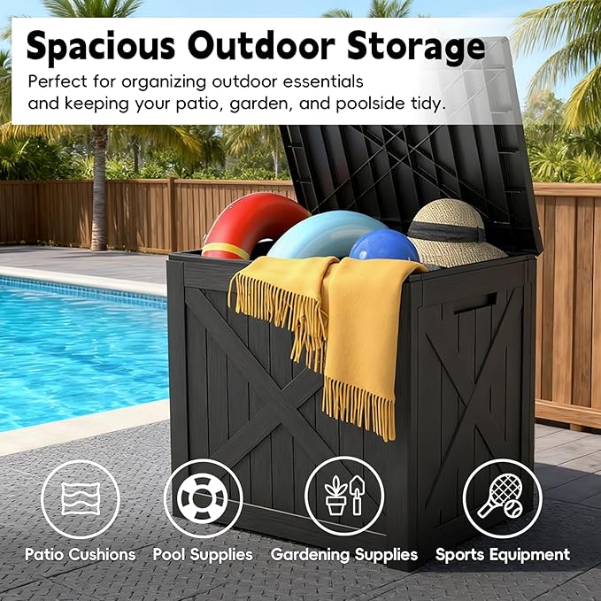 Outdoor Storage Box, Deck Box Waterproof 35 Gallon, Resin Outside Storage, Storage Bin for Package Delivery, Patio Furniture Cushion, Pool Accessories, Weatherproof and UV Resistant, Black