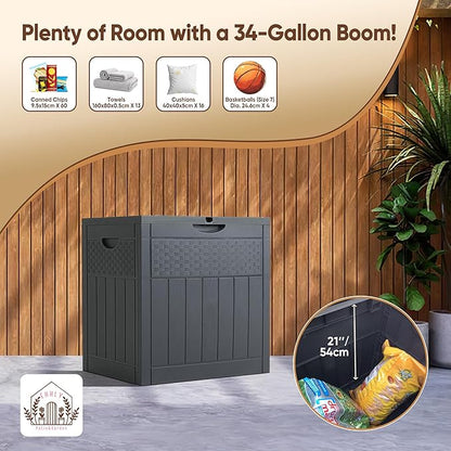 33 Gallon Deck Box, Small Outdoor Storage Box Waterproof, Lockable Secure Package Bin Delivery Box for Outside Front Porch, Patio Cushions Storage Box, Delivery Driver Snack Box for Porch, Grey
