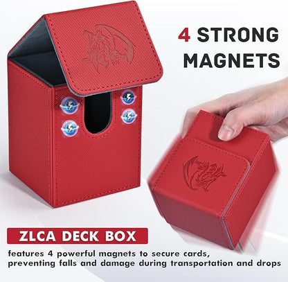 ZLCA Card Deck Box for Trading Cards with 2 Dividers, Card Storage Box Fits 100+ Single Sleeved Cards, PU Leather Strong Magnet Card Deck Case Holder for Magic Commander TCG CCG （Red,Emperor Dragon）