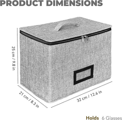HURZMORO Wine Glass Storage Box with Dividers, Holds 6 Red or White Wine Glasses, Hard Top and Sides,6 Compartment Stemware Storage Container, Grey