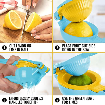 Zulay Metal 2-In-1 Lemon Squeezer Manual - Sturdy, Max Extraction Hand Juicer Lemon Squeezer Gets Every Last Drop - Easy to Clean Manual Citrus Juicer - Easy-to-Use Lemon Juicer Squeezer - Blue/Yellow