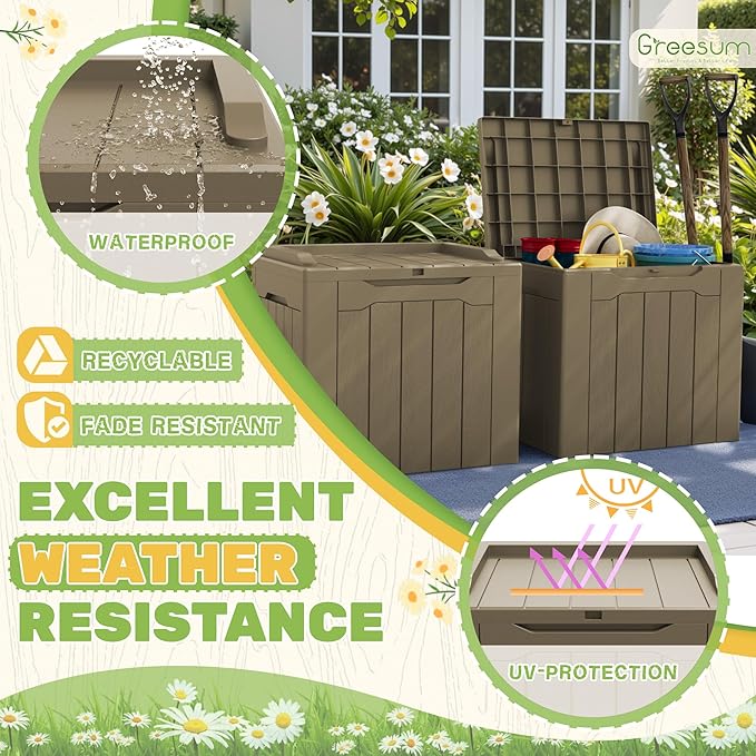 Greesum 31 Gallon Deck Box for Outside, All Weather Outdoor Storage Boxes for Patio Furniture Set, Package Delivery Box, Garden Tools, Light Coffee(Set of 2)