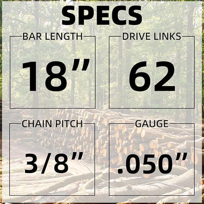 18 Inch Chainsaw Bar & Chain Combo 3/8" LP Pitch .050" Gauge 62 Drive Links 18" Replacement Chain Low-Kickback Chainsaw Chains Compatible with Echo, Poulan, Craftsman and More (2Chains + 1Bar)