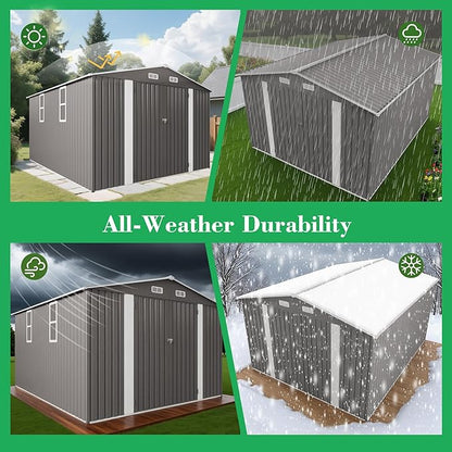 10x12 FT Outdoor Storage Shed,Large Metal Garden Shed with Double Door and Two Windows Waterproof Tool Shed for Backyard Patio Lawn Poolside,Grey