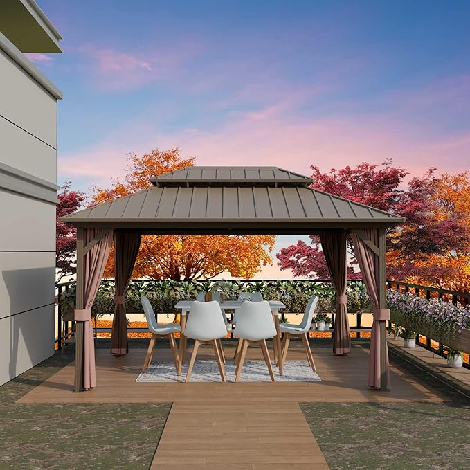 12'x14' Hardtop Gazebo, Outdoor Aluminum Frame Galvanized Steel Double Roof Pavilion with Netting and Shaded Curtains, Permanent Metal Pergolas for Patio, Backyard, Deck and Lawns.