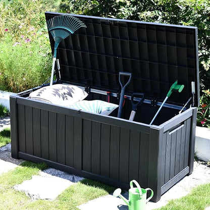Modern-Depo 120 Gallon PP Deck Box Waterproof Outdoor Storage Box with Lockable Lid, Bench Organization Container for Patio Furniture Cushions, Garden Tools, Pool Supplies, Black