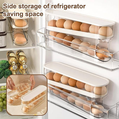 Egg Holder for Fridge, 2025 New Egg Organizer for Refrigerator Automatic Scrolling Eggs Rack Holder Rolling Dispenser, Stackable Fridge Container and Storage with Lid (1 Pcs)