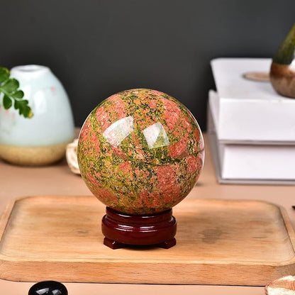 JIC Gem Crystal Sphere Balls Unakite Healing Crystal Ball with Wood Base for Reiki Chakra Decor (100-110mm)