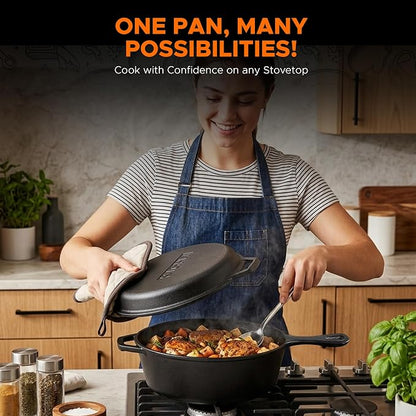 KICHLY Combo Cooker Cast Iron Dutch Oven with Lid 2 in1, PFAS Free Pre-seasoned Multi Cookware Skillet, 3.2QT Cast Iron Pan Dutch Oven Deep Pot with Frying Pan 10.25 Inch, Grill Induction Stovetop Camping