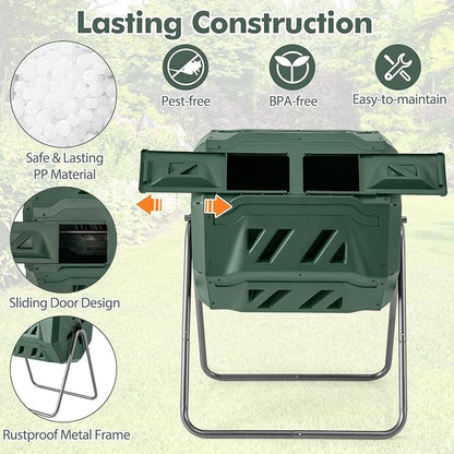 S AFSTAR Composter Tumbler Outdoor, 42-Gal Dual Chamber Tumbling Composter with 2 Sliding Doors, Metal Frame, BPA-Free Large Rotating Compost Bin Tumbler for Garden Yard Waste (Green)