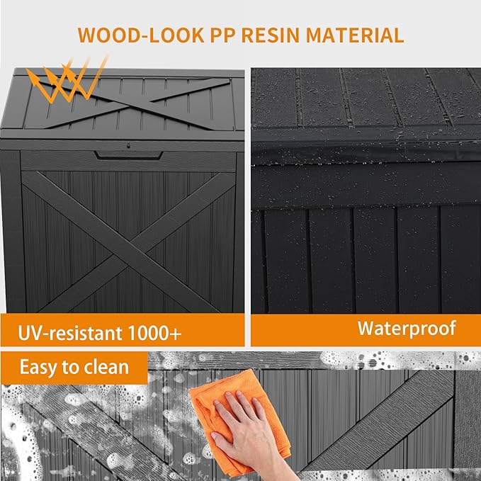 Vixzen 32 Gallon Resin Deck Box - Lockable Outdoor Storage for Patio Cushions, Garden Tools, Pool Supplies，Black