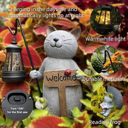 Cat Garden Statue with Solar Lantern: Cat Outdoor Figurine Decorations -Solar Garden Statue Decor for Patio,Balcony,Yard, Lawn - Gift for Mom, Grandma,Women, Housewarming,Birthday