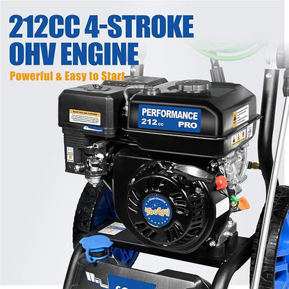 TOOLCY 3400 PSI & 2.8 GPM Gas Powered Pressure Washer with Onboard Soap Tank, Power Washer for Cleaning Cars Homes Patios Fences Driveways, Spray Gun, 5 Nozzles, 50FT Pressure Hose (Foldable Frame)