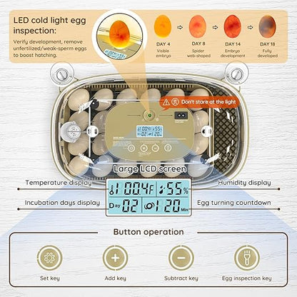 24 Egg Incubator for Hatching Eggs with Temperature and Humidity Control, LED Candling & Auto Turning for Chicken Duck Quail Birds, Ideal for Home Farm, Classroom, Beginners