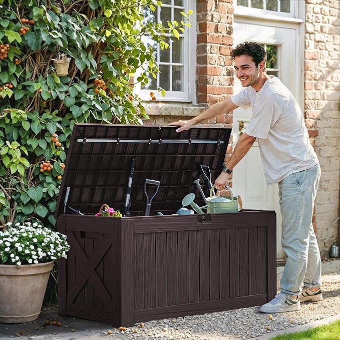 Greesum 120 Gallon Deck Box, Resin Outdoor Storage Container for Patio Furniture, Garden Tools, Pool Accessories, Weatherproof, Lockable, Brown