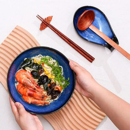 NJCHARMS Ceramic Ramen Bowl Set of 2, 42 oz Japanese Noodle Soup Bowls with Spoons and Chopsticks for Ramen Soup Pho Udon Asian Noodles, Large Noodle Bowls(Blue)