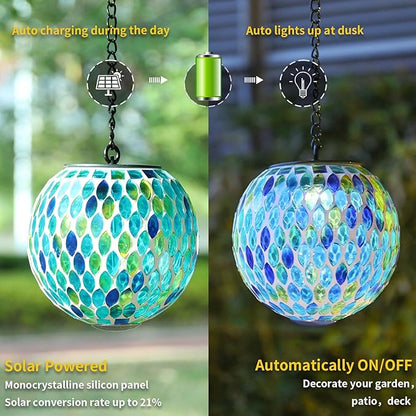 VCUTEKA Hanging Solar Lanterns Mosaic Solar Lights with Hook Up, Outdoor Garden Lights Decor for Yard Tree Fence Patio, Blue